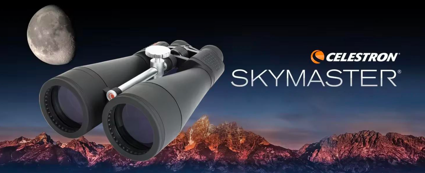 Binocoli Celestron SkyMaster per astronomia, sfondo montuoso con luna.