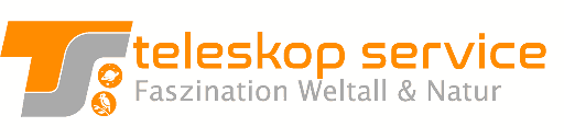 Logo TS Optics - Teleskop Service con slogan 'Faszination Weltall & Natur'.