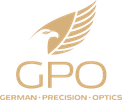 Logo GPO German Precision Optics con design alato, simbolo di qualità ottica tedesca.