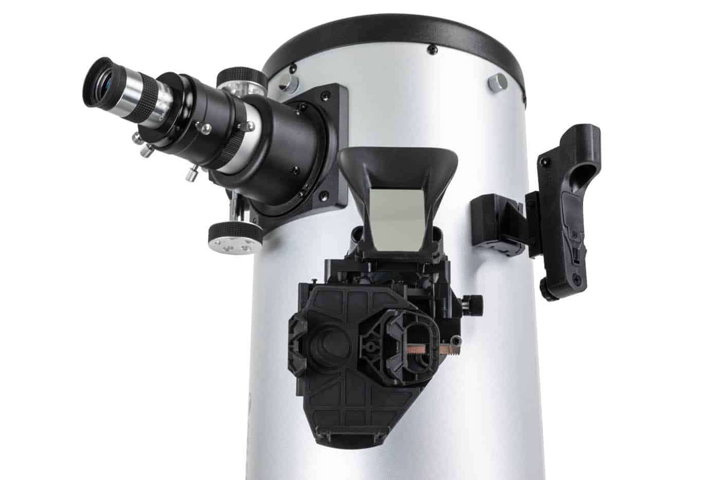 Dettaglio del Telescopio Dobsoniano Celestron StarSense Explorer 10” con specchio parabolico e puntamento assistito.