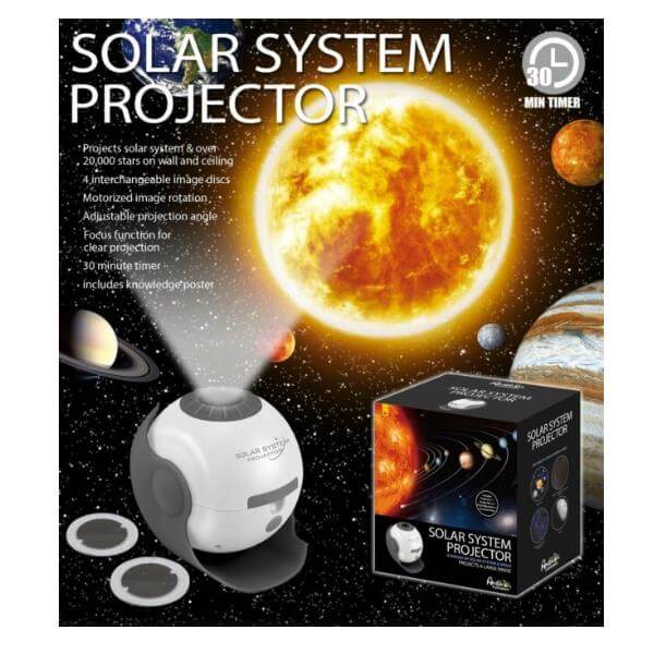 Proiettore Sistema Solare con dischi intercambiabili per proiettare pianeti e stelle, con timer 30 minuti e poster educativo incluso.