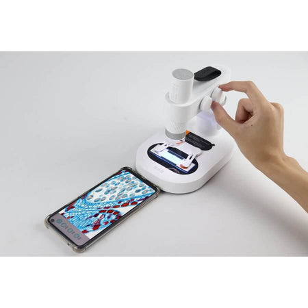Microscopio digitale DiProgress M1A con smartphone che mostra immagini in diretta, ideale per minerali, insetti e piante, 10x-200x.