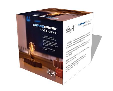 Confezione della lampada DiProgress LIGHT a levitazione magnetica con base effetto legno, in un ambiente con sfondo sfocato.