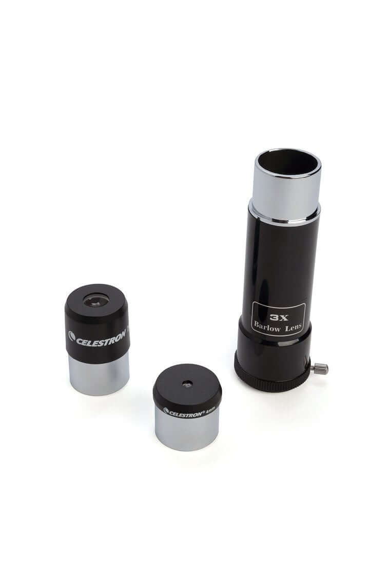 Accessori per telescopio Celestron Powerseeker 80EQ, inclusi obiettivi e lente Barlow 3x per osservazioni astronomiche dettagliate.