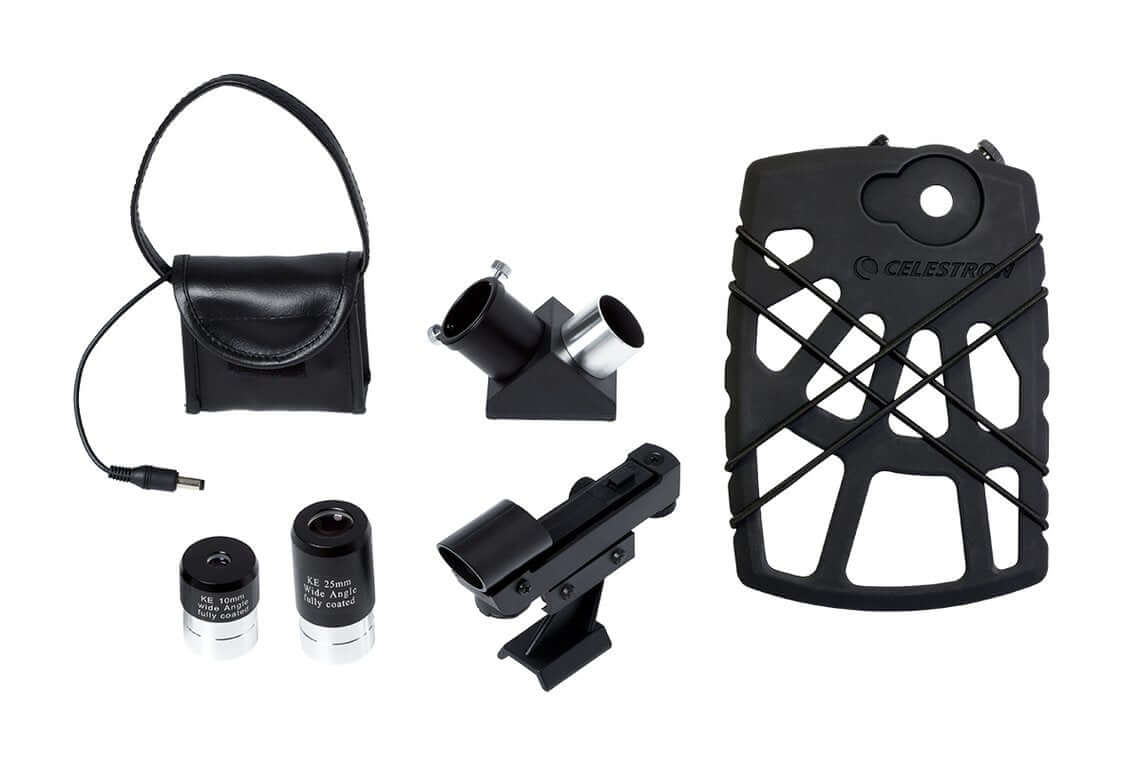 Accessori per telescopio Celestron AstroFI 6 SC: adattatore smartphone universale, montatura Wi-Fi, e accessori ottici.