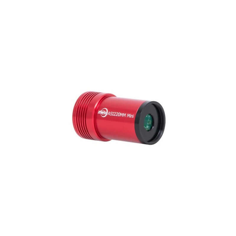Fotocamera astronomica rossa ZWO ASI220MM Mini con sensore SMARTSENSE SC2210 per imaging planetario e guida, risoluzione 1920x1080 pixel.