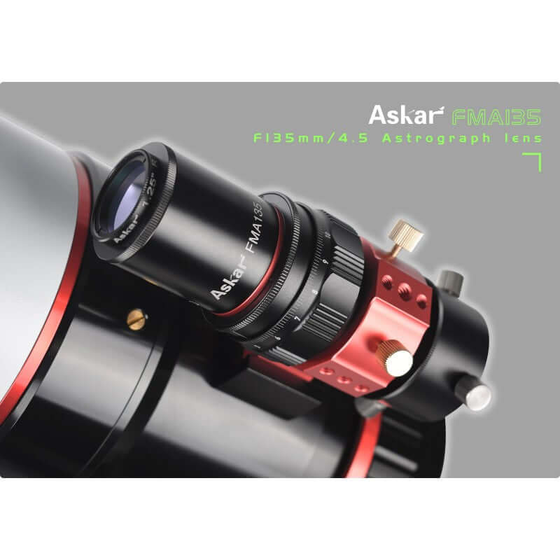 Obiettivo tele Askar FMA135 PRO F/4.5 per astrofotografia, design APO ultra-compatto, ideale per foto astronomiche e guida.