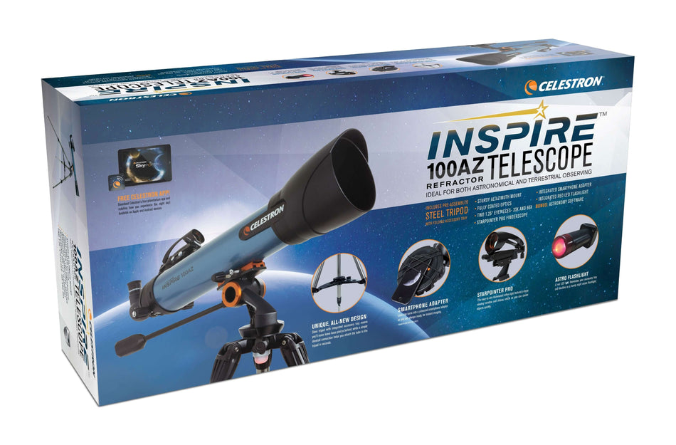 Scatola del telescopio rifrattore Celestron Inspire 100AZ con accessori e caratteristiche evidenziate.