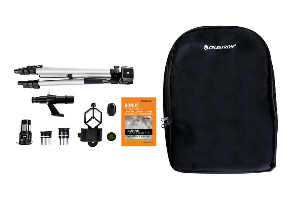 Set completo Celestron Travelscope 70 DX con treppiede, accessori per smartphone, filtro lunare, lente Barlow 2X e zaino.
