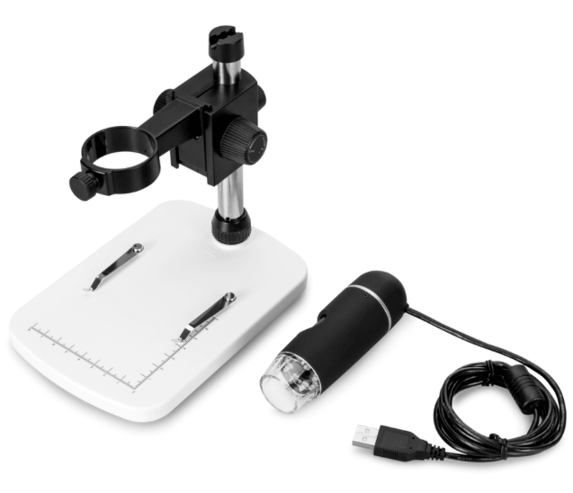 Microscopio digitale DiProgress Hooke USB5 con supporto vetrini, ingrandimento 300X e connessione USB per PC.