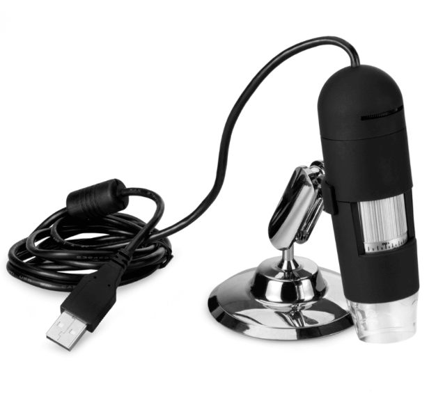 DiProgress Hooke USB2 Microscopio digitale con ingrandimento 200X, risoluzione 2Mpx, montato su supporto con cavo USB.