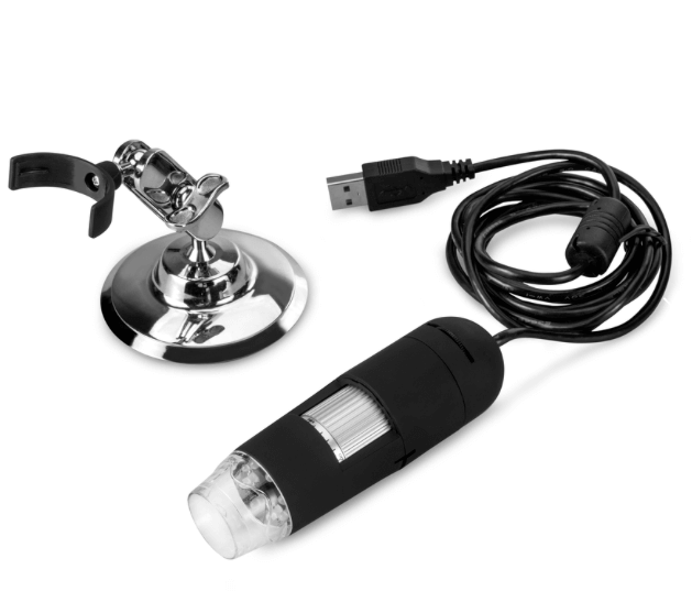 Microscopio digitale DiProgress Hooke USB2 con cavalletto e cavo USB, ideale per ingrandimento fino a 200X e visualizzazione su PC.