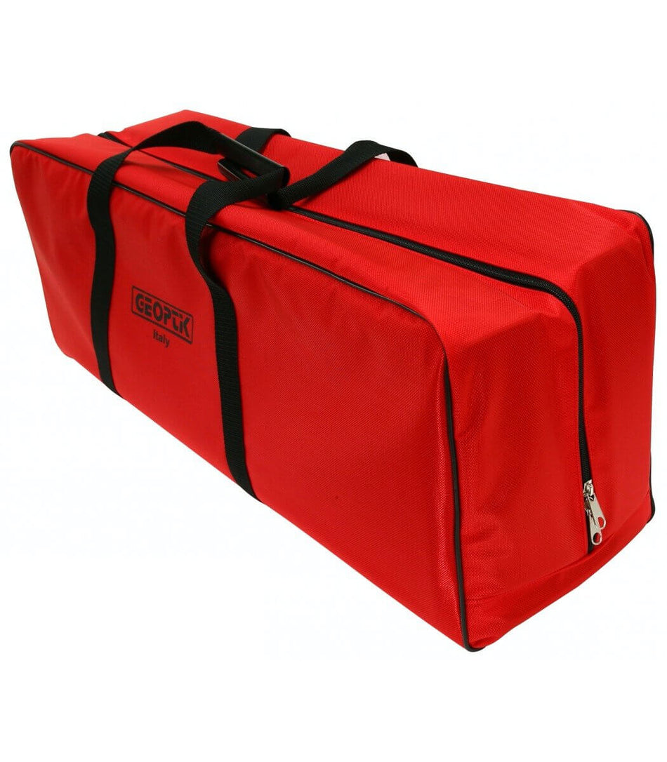 Borsa imbottita rossa Geoptik per telescopio Newton 200mm f/4, con manici neri e chiusura lampo. Misure 840x240x300 mm.