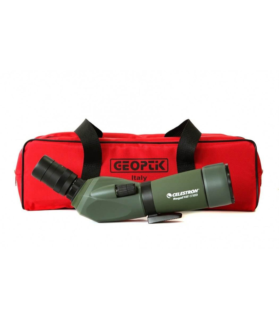 Custodia rossa Geoptik con strumento ottico di fronte, ideale per piccoli telescopi APO da 70 a 90 mm, protezione interna superiore.