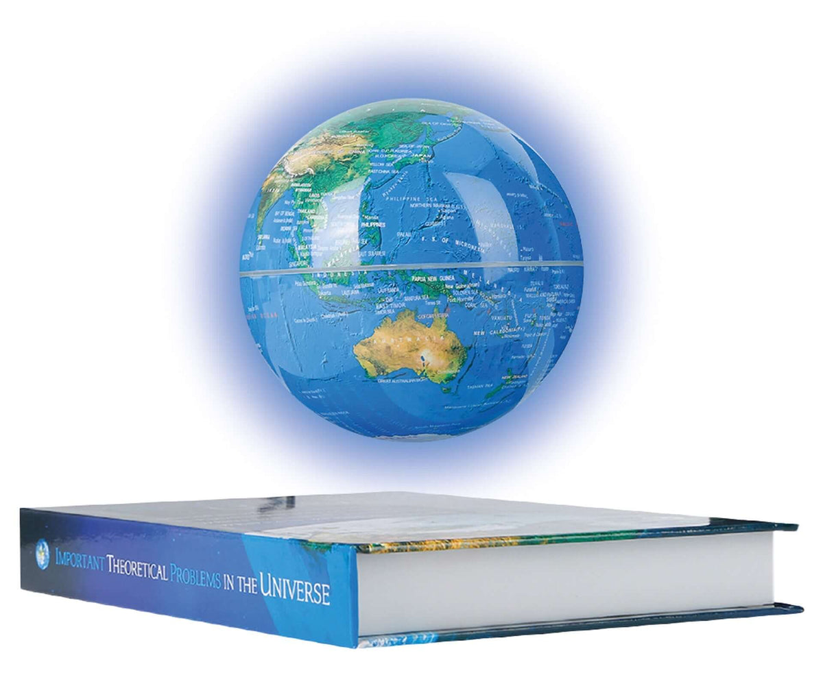 Lampada a levitazione magnetica DiProgress EARTH con globo terrestre, base a forma di libro, elegante e futuristica.