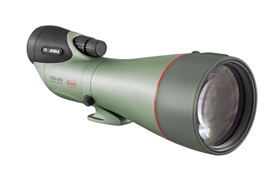 Cannocchiale Kowa TSN-99S PROMINAR con cristalli di fluorite, ottica di alta gamma solo corpo, vista laterale.