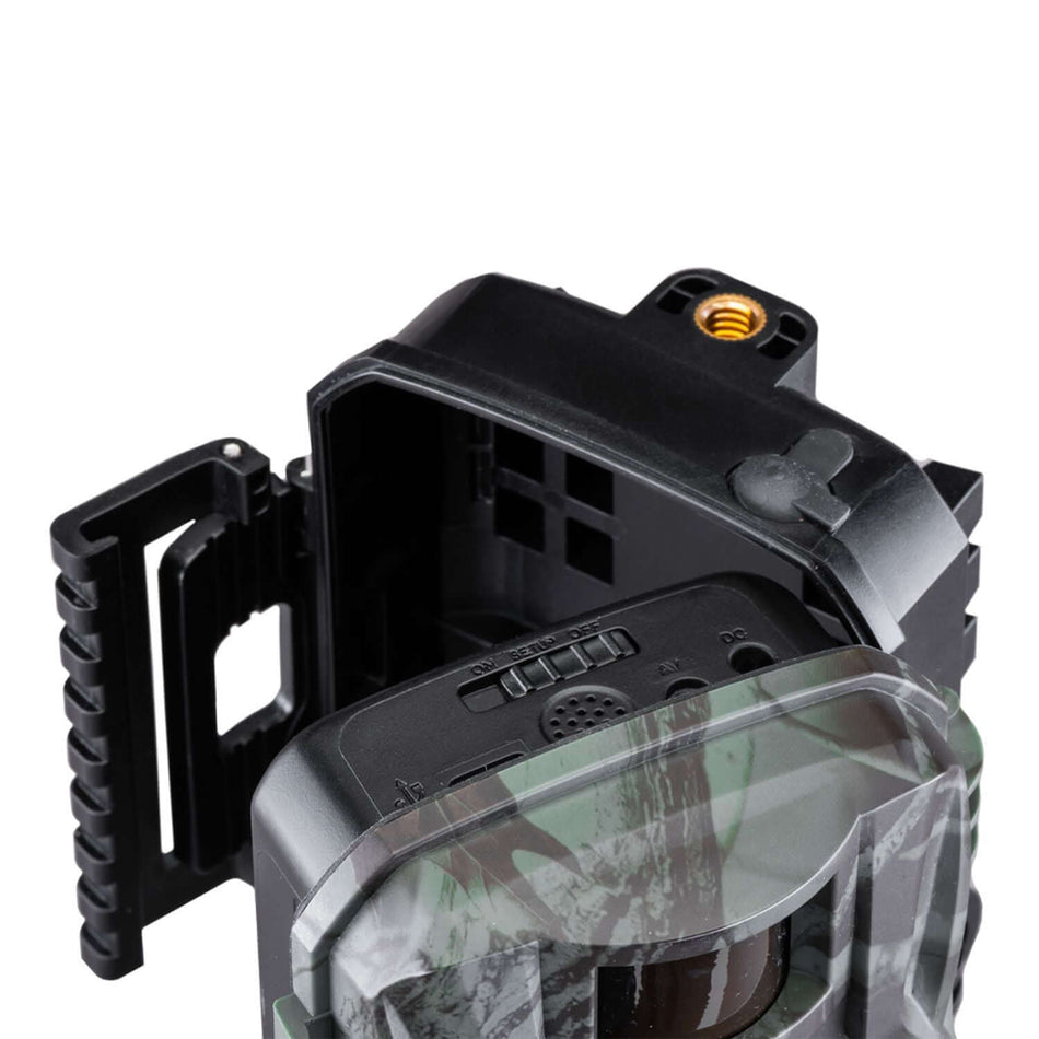 Fototrappola Midland Wild Guardian aperta, ideale per videosorveglianza ad alta qualità con sensore di movimento integrato.