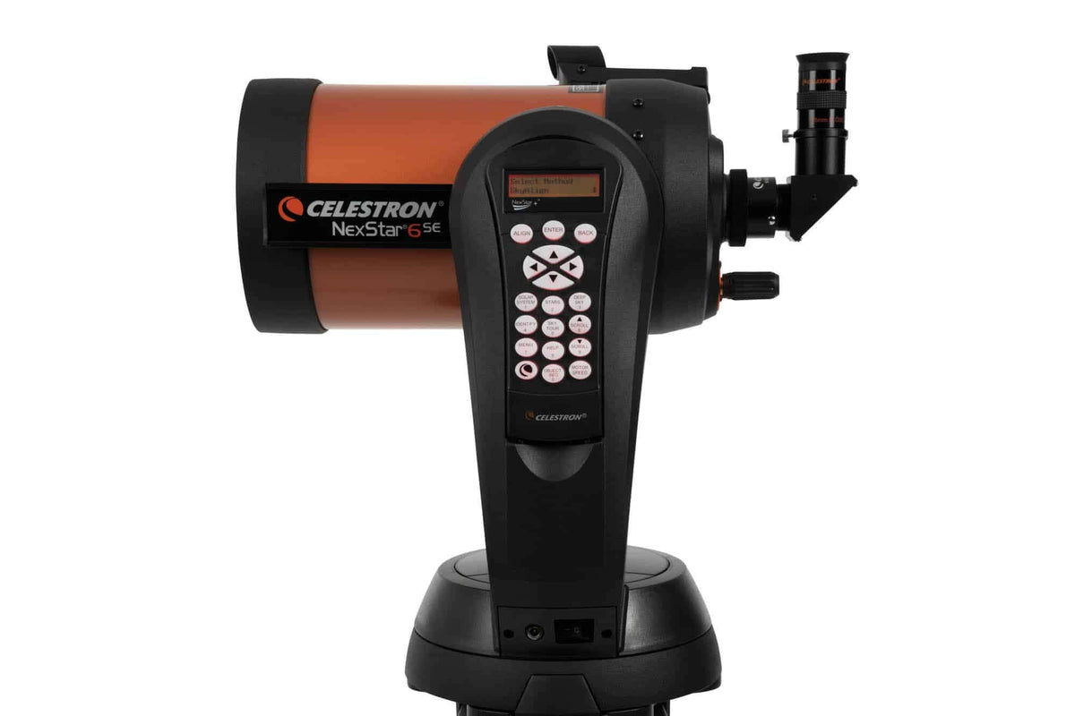 Telescopio Celestron Nexstar 6 SE con montatura altazimutale computerizzata, design arancione e pulsantiera, vista laterale