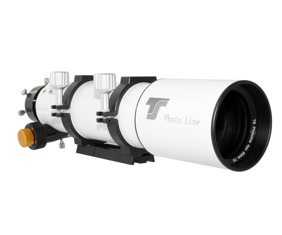 Telescopio TS-Optics Photoline 80 mm f/6 FPL53 Apo con focheggiatore RAP da 2.5 pollici, ideale per astrofotografia e viaggio.