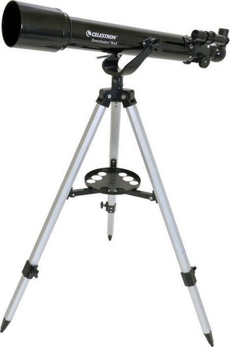 Telescopio Celestron PowerSeeker 70AZ su treppiede, ideale per principianti, leggero e versatile per osservazioni astronomiche.