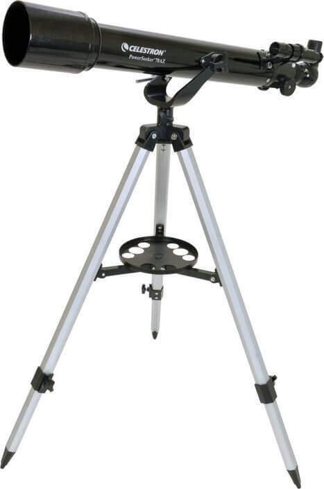 Telescopio Celestron PowerSeeker 70AZ su treppiede, ideale per principianti, leggero e versatile per osservazioni astronomiche.
