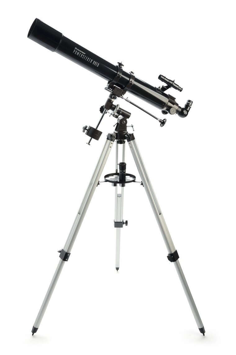 Telescopio Celestron Powerseeker 80EQ su treppiede in alluminio, ideale per principianti e bambini, con accessori inclusi.