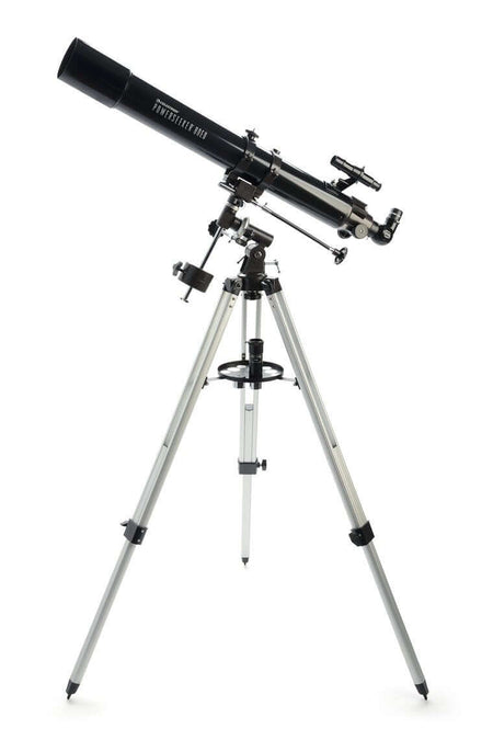 Telescopio Celestron Powerseeker 80EQ su treppiede in alluminio, ideale per principianti e bambini, con accessori inclusi.