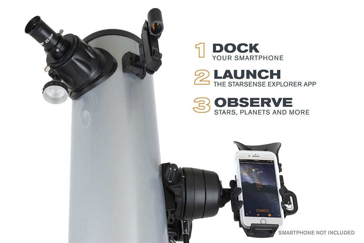 Telescopio Celestron Starsense Explorer DX 130AZ con smartphone montato per osservare il cielo con app dedicata.