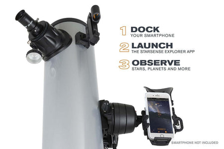 Telescopio Celestron Starsense Explorer DX 130AZ con smartphone montato per osservare il cielo con app dedicata.