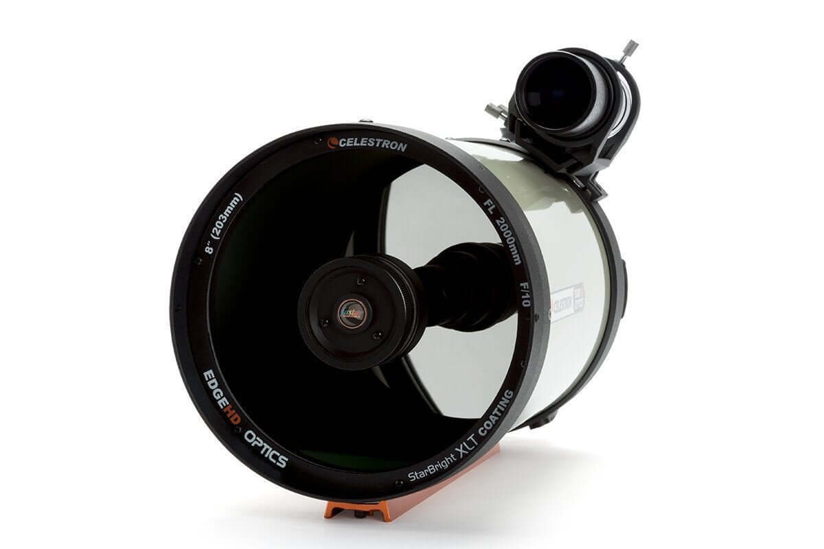 Telescopio Celestron EDGE HD 8 CG5 Schmidt-Cassegrain OTA, vista frontale con barra CG5/Vixen e ottiche avanzate.
