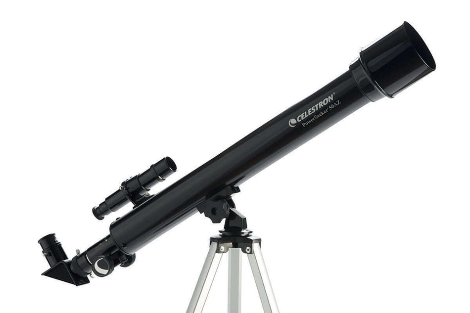 Telescopio Celestron Powerseeker 60AZ con treppiede in alluminio per osservazioni astronomiche, ideale per principianti.