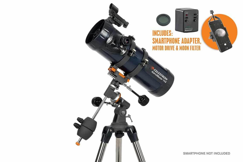 Celestron Astromaster 114 EQ - MD Smart telescopio con adattatore smartphone, motore AR e filtro lunare incluso, montatura equatoriale.