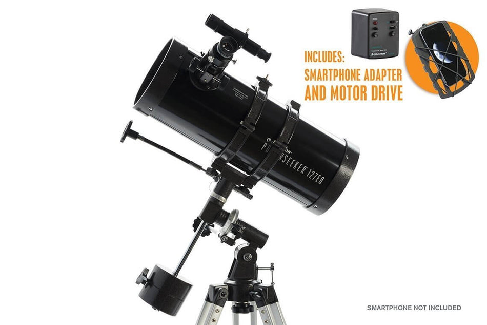 Telescopio Celestron PowerSeeker 127EQ-MD Smart, riflettore con adattatore smartphone e motore, ideale per principianti e bambini.