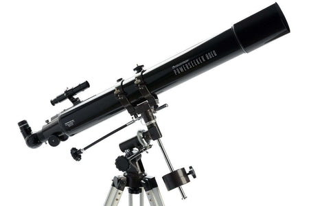 Telescopio rifrattore Celestron Powerseeker 80EQ con treppiede in alluminio, ideale per principianti e bambini, vista laterale.