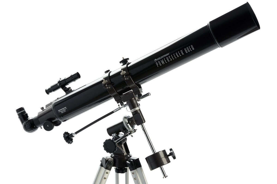 Telescopio rifrattore Celestron Powerseeker 80EQ con treppiede in alluminio, ideale per principianti e bambini, vista laterale.