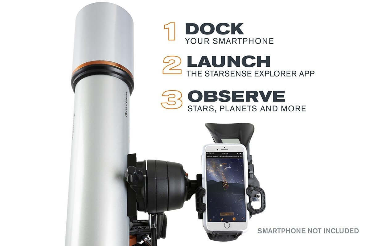 Telescope Celestron Starsense Explorer DX 102AZ con smartphone, istruzioni per allineamento rapido: collega, lancia app, osserva stelle.