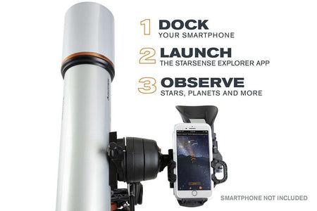 Telescope Celestron Starsense Explorer DX 102AZ con smartphone, istruzioni per allineamento rapido: collega, lancia app, osserva stelle.