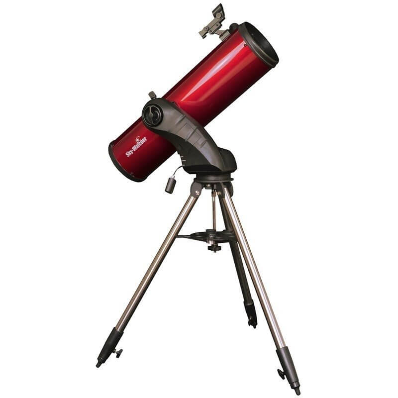 Telescopio SkyWatcher Star Discovery 150 Wi-Fi con montatura altazimutale, riflettore Newton 150/750 in rosso.