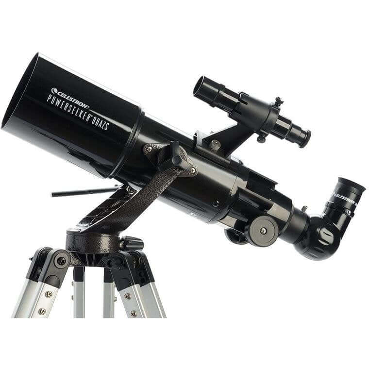 Telescopio Celestron PowerSeeker 80AZS con treppiede in alluminio, ideale per osservazioni astronomiche principianti.
