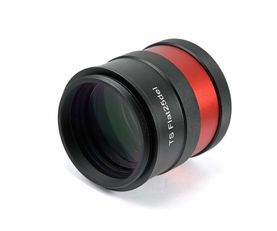 Alt Tag: TS-Optics Flattener 1.0x per telescopi rifrattori ED e APO, ideale per astrofotografia, connessione M63x1, colore rosso e nero.