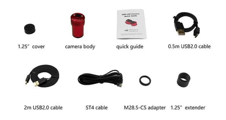 Contenuto confezione ZWO ASI 120 MM Mini: corpo camera, cavi USB2.0, ST4, adattatore, copertura, guida rapida, prolunga 1.25".