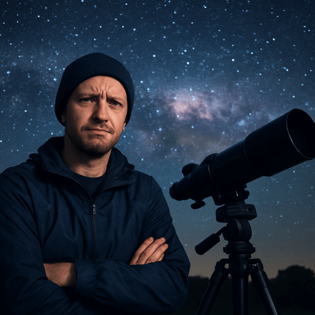 Astrofotografo con telescopio sotto cielo stellato, guida campionamento