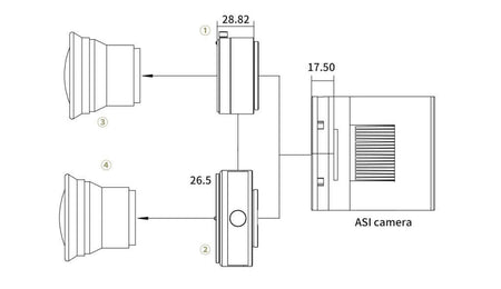 Schema di montaggio per la fotocamera ZWO ASI 2400 MC PRO con misure dettagliate delle componenti dell'adattatore.