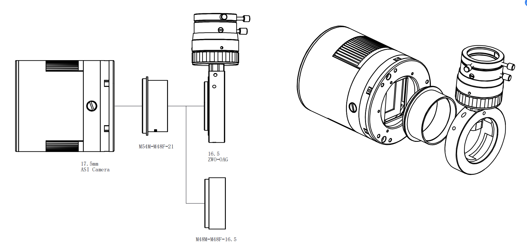 Disegno tecnico fotocamera ZWO ASI 2400 MC PRO con sensore Sony FullFrame e raffreddamento Peltier. Visuale di componenti e assemblaggio.