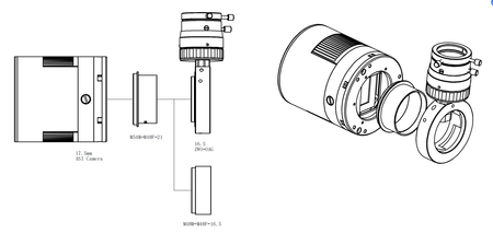 Disegno tecnico fotocamera ZWO ASI 2400 MC PRO con sensore Sony FullFrame e raffreddamento Peltier. Visuale di componenti e assemblaggio.