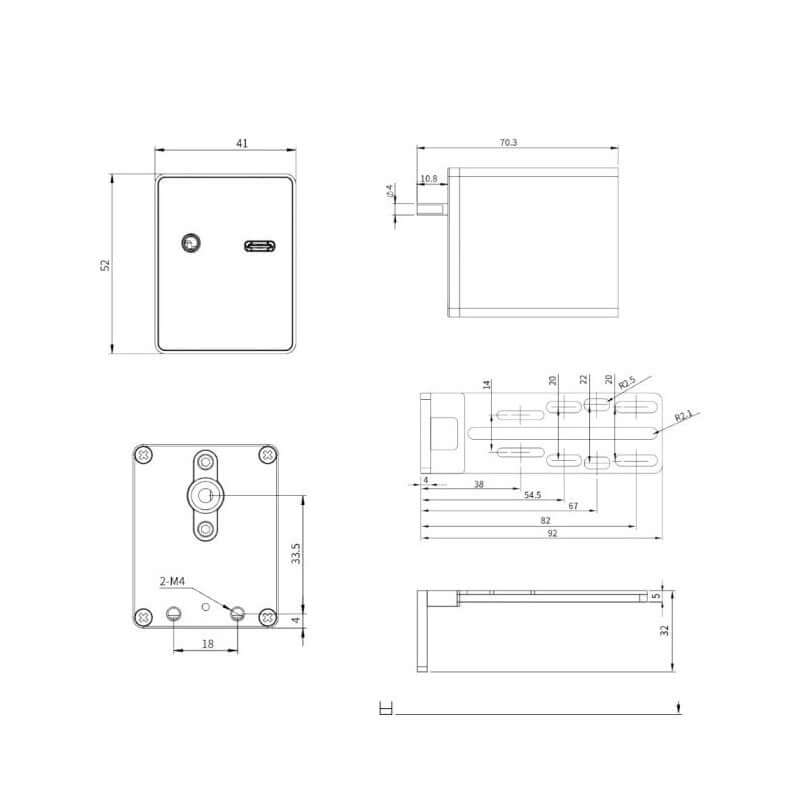 Diagramma tecnico del fuocheggiatore elettronico ZWO EAF-N con misure dettagliate.