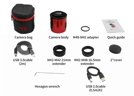Kit accessori ZWO ASI 2600 MM PRO: borsa, corpo fotocamera, adattatori, guide rapide, cavi USB, chiave esagonale.