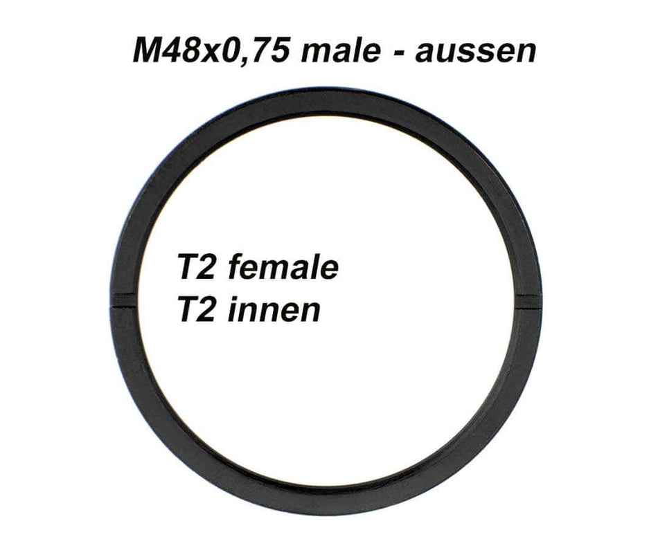 Adapter TS-Optics da M48 maschio a T2 femmina con zero spessore, vista frontale, convertitore filettato in metallo nero.