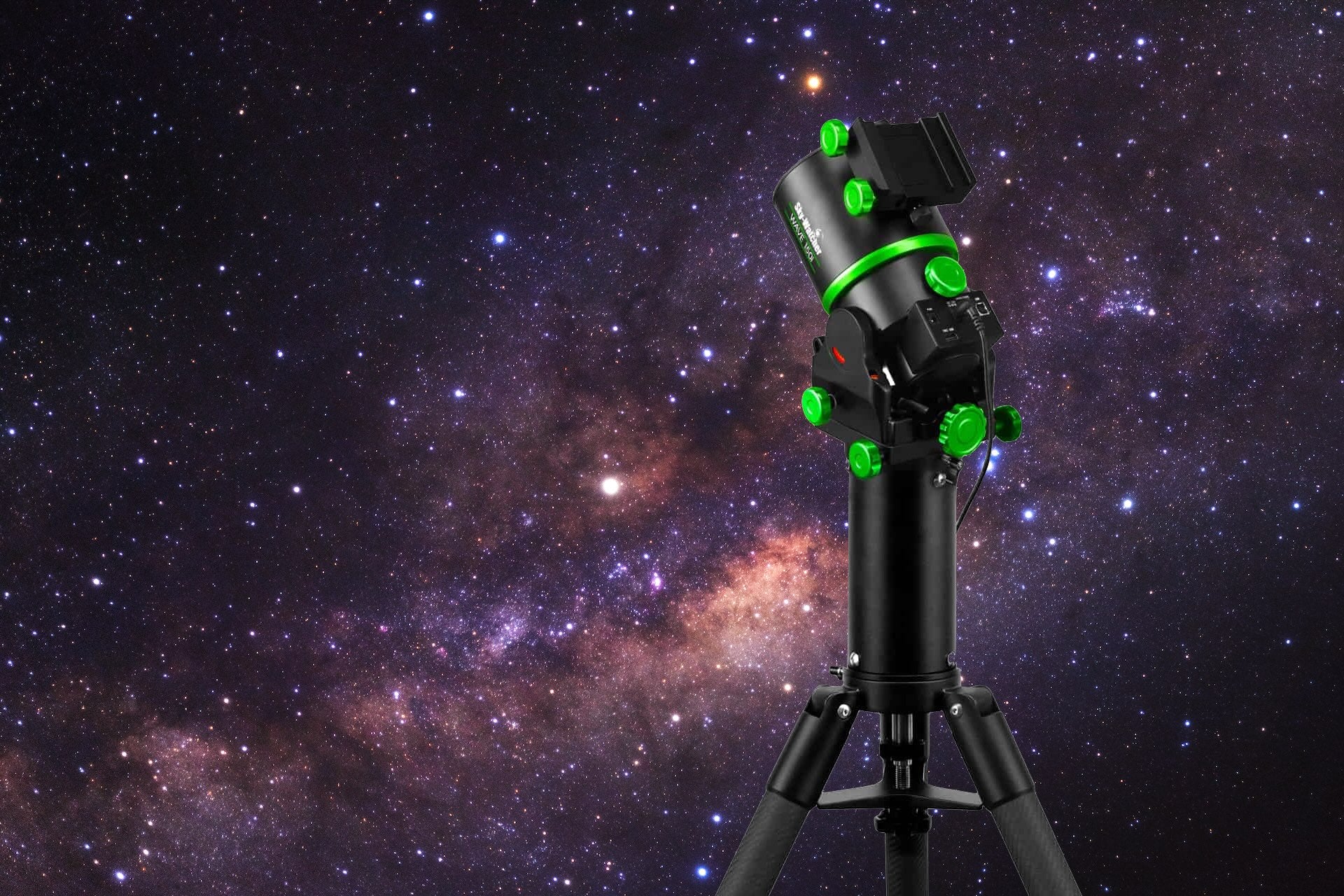 High-tech telescope against a star-filled night sky, showcasing advanced astrophotography equipment for celestial observation.