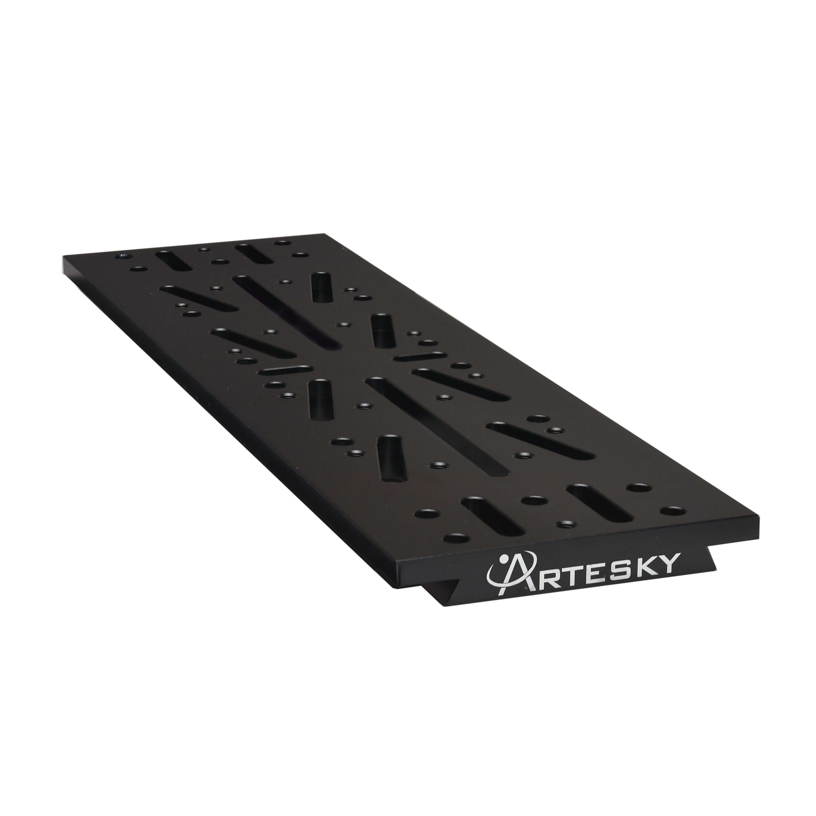 Piastra Losmandy 340mm Artesky V2 per montature astronomiche, ideale per telescopi grandi, nera con logo e fori di montaggio.